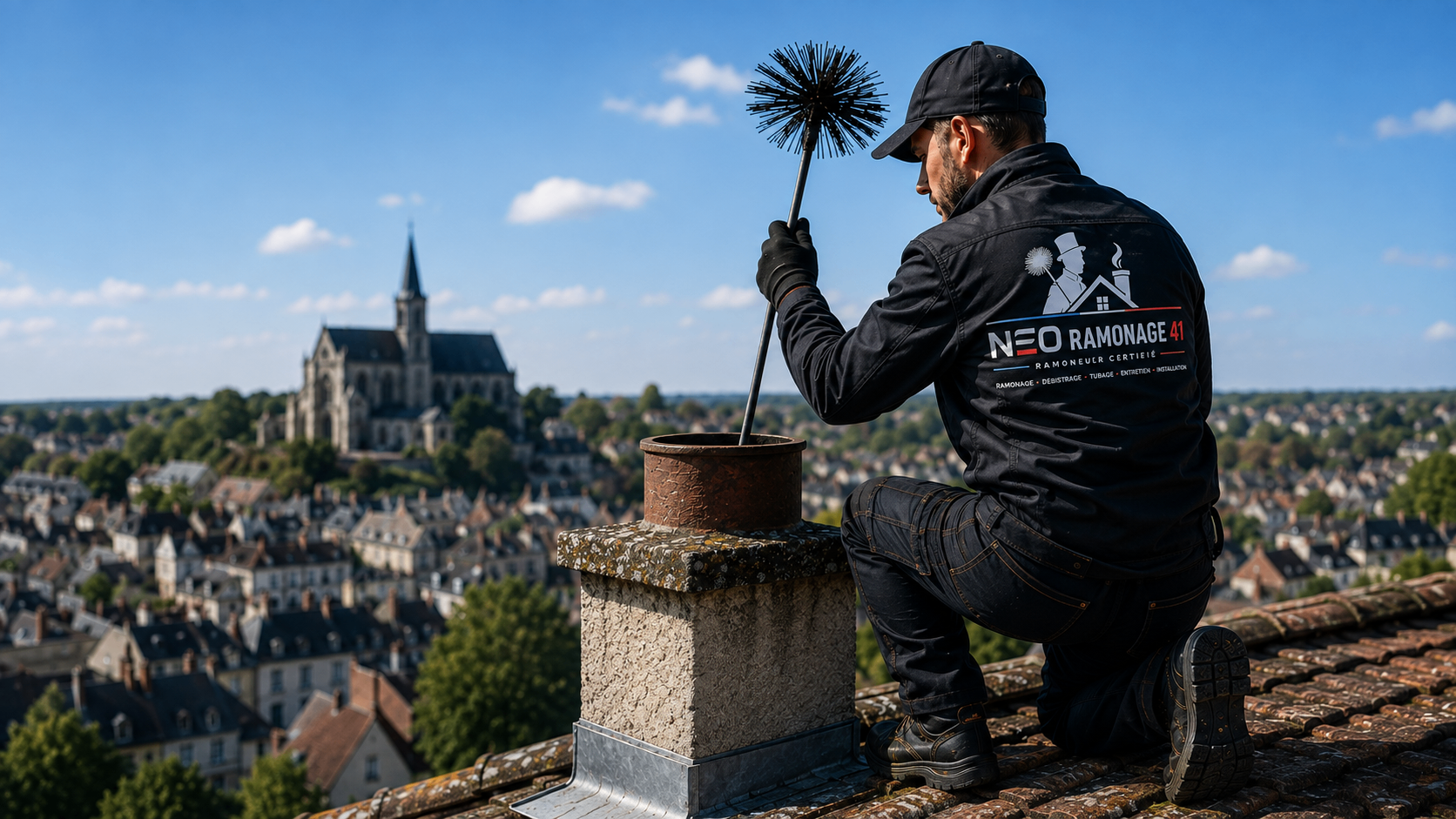 Ramoneur Neo Ramonage 41 en intervention sur une toiture du Loir-et-Cher